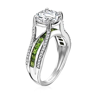 Moissanite and Chrome Diopside 3.35 ctw Bridge Ring in Platinum Over Sterling Silver (Size 10.0)