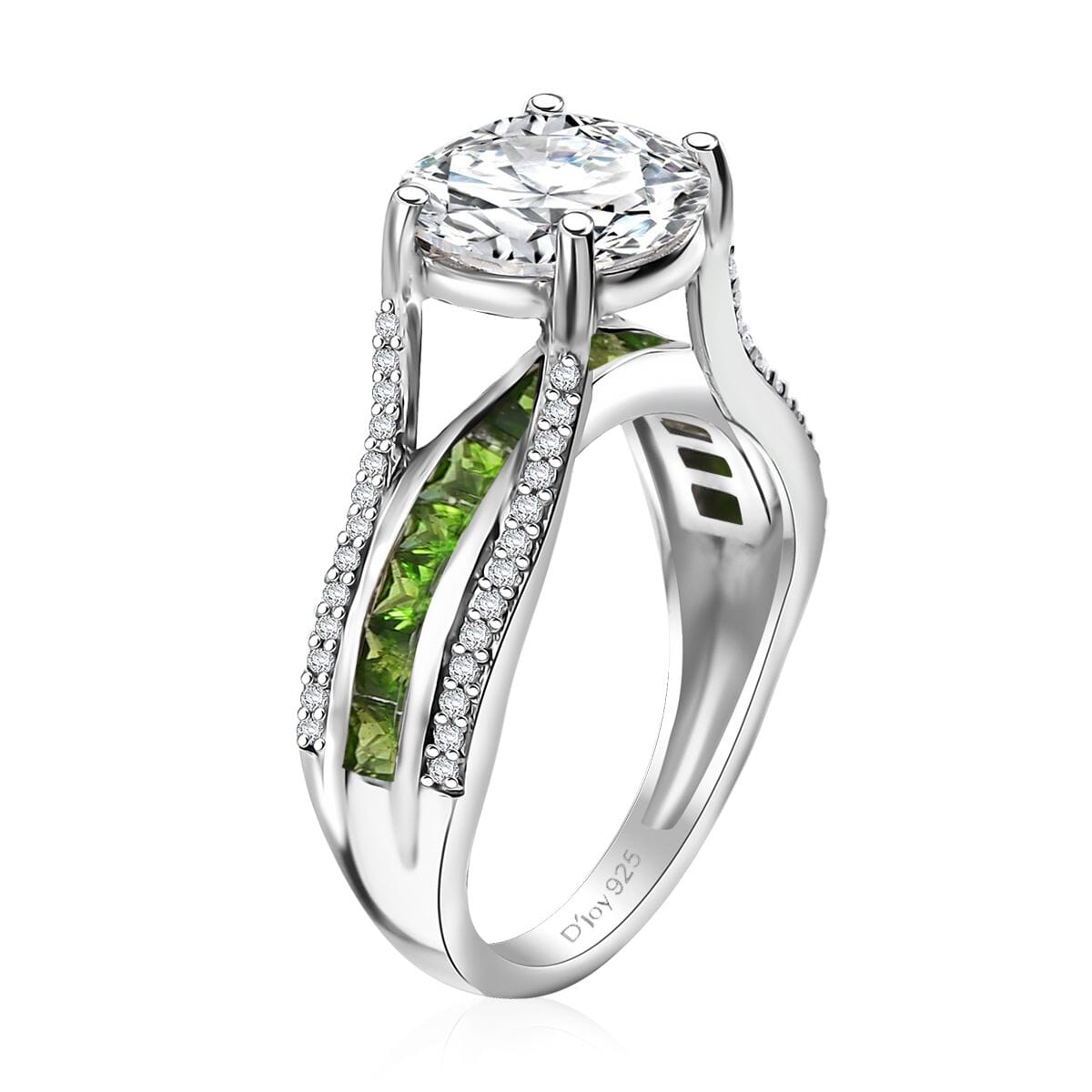 Moissanite and Chrome Diopside 3.35 ctw Bridge Ring in Platinum Over Sterling Silver (Size 5.0) image number 3