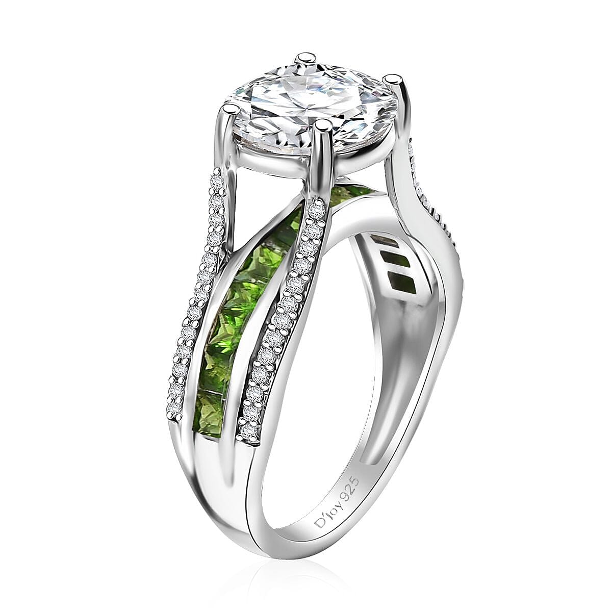 Moissanite and Chrome Diopside 3.35 ctw Bridge Ring in Platinum Over Sterling Silver (Size 6.0) image number 3