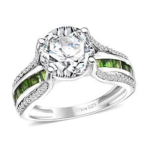 Moissanite and Chrome Diopside 3.35 ctw Bridge Ring in Platinum Over Sterling Silver (Size 9.0)