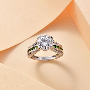 Moissanite and Chrome Diopside 3.35 ctw Bridge Ring in Platinum Over Sterling Silver (Size 9.0)