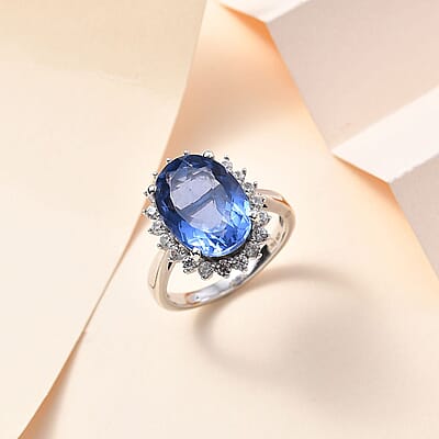 Color Change Fluorite (IR) and White Zircon Sunburst Ring in Rhodium Over Sterling Silver (Size 10.0) 8.40 ctw