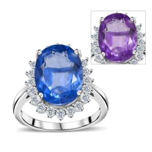 Color Change Fluorite (IR) and White Zircon Sunburst Ring in Rhodium Over Sterling Silver (Size 7.0) 8.40 ctw