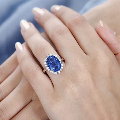 Color Change Fluorite (IR) and White Zircon Sunburst Ring in Rhodium Over Sterling Silver (Size 7.0) 8.40 ctw