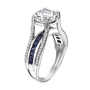 Moissanite and Masoala Sapphire (D) 3.90 ctw Bridge Ring in Platinum Over Sterling Silver (Size 10.0)