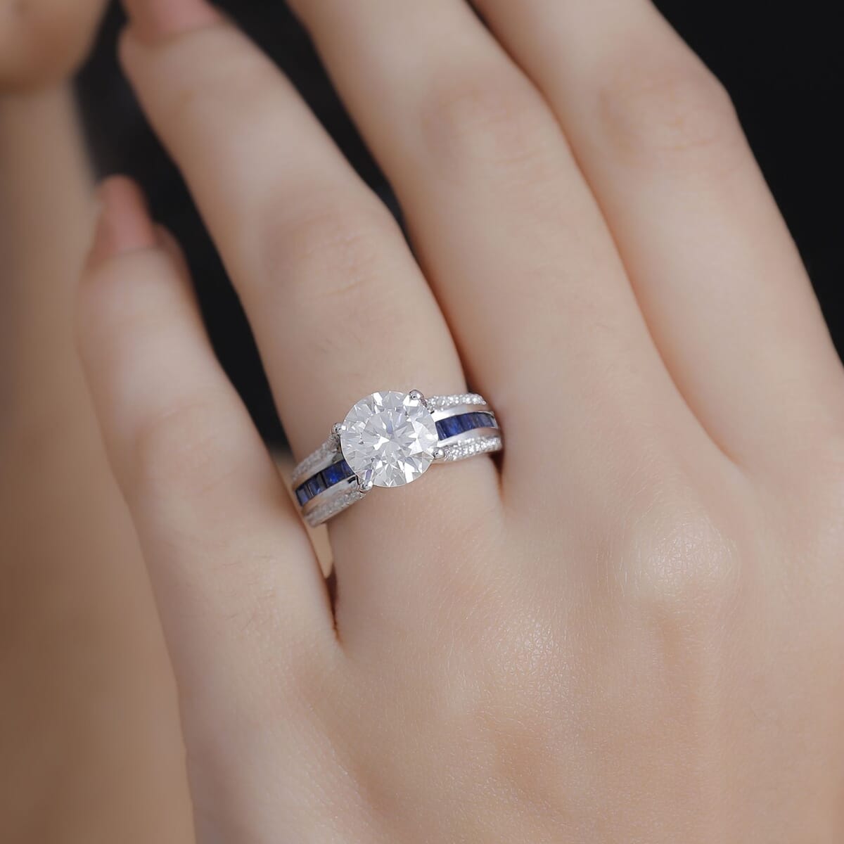 D'Joy Moissanite and Masoala Sapphire (D) 3.90 ctw Bridge Ring in Platinum Over Sterling Silver (Size 6.0) image number 2