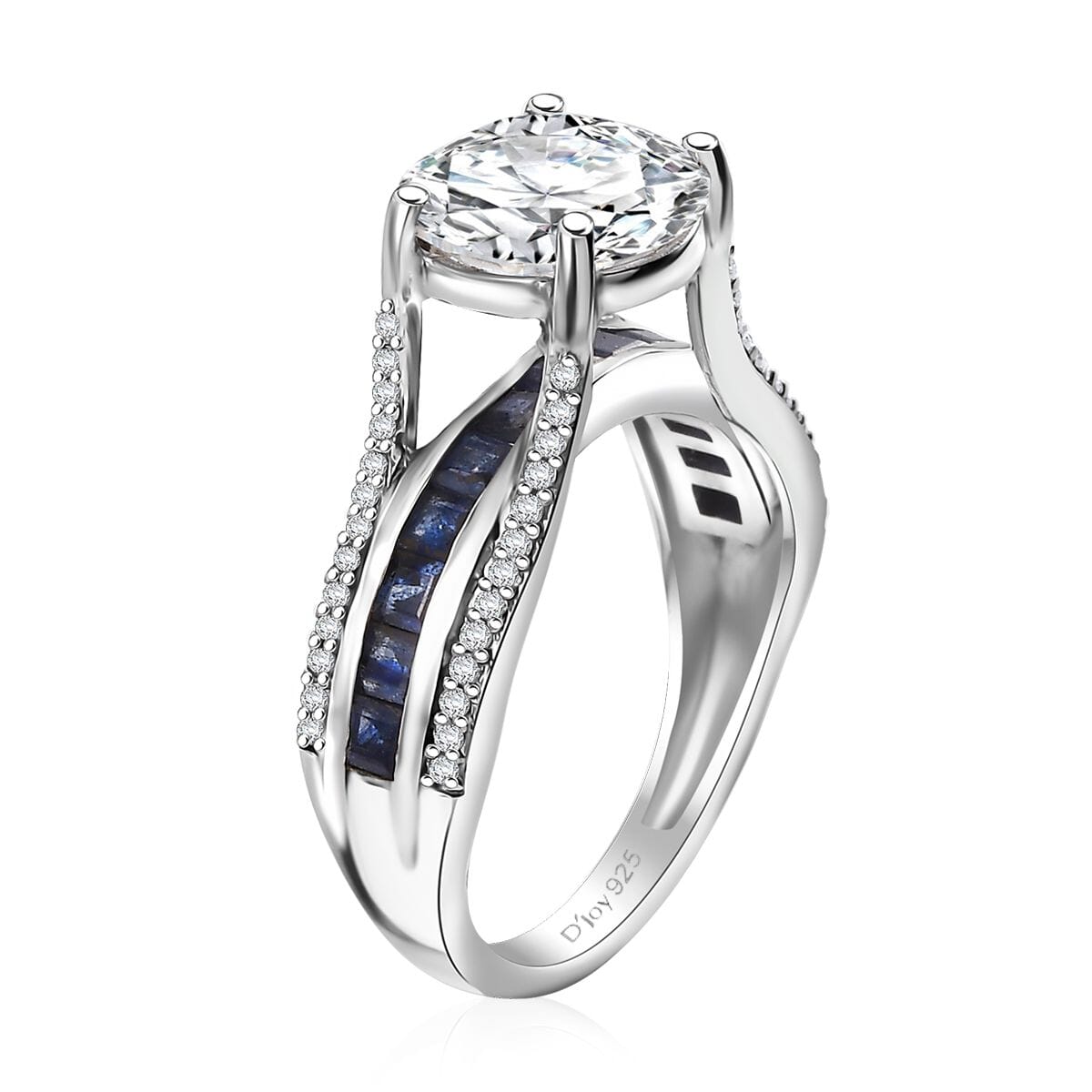 D'Joy Moissanite and Masoala Sapphire (D) 3.90 ctw Bridge Ring in Platinum Over Sterling Silver (Size 6.0) image number 3