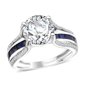 Moissanite and Masoala Sapphire (D) 3.90 ctw Bridge Ring in Platinum Over Sterling Silver (Size 7.0)