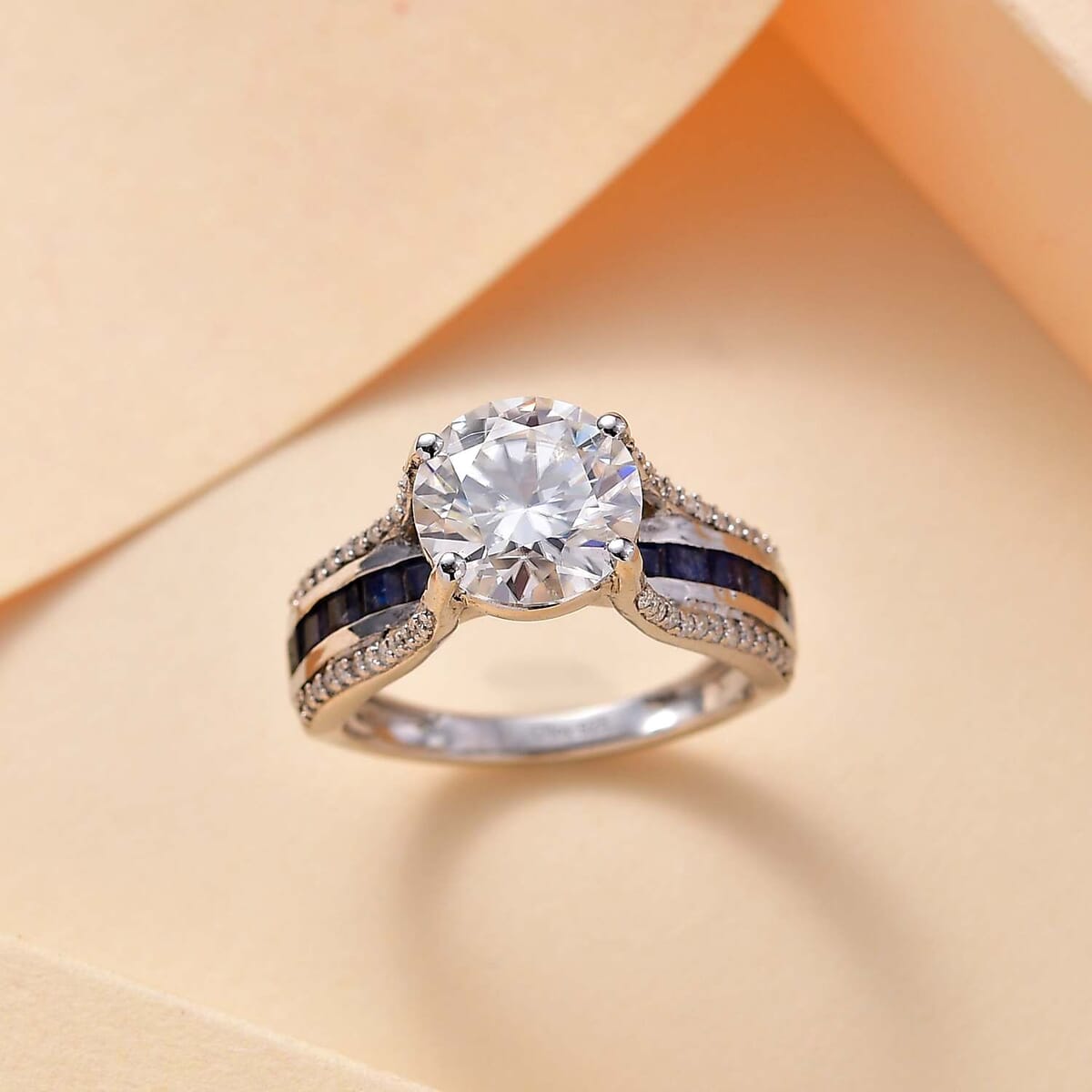 Moissanite and Masoala Sapphire (D) 3.90 ctw Bridge Ring in Platinum Over Sterling Silver (Size 7.0) image number 1
