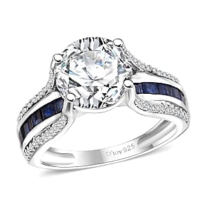 Moissanite and Masoala Sapphire (D) 3.90 ctw Bridge Ring in Platinum Over Sterling Silver (Size 8.0)