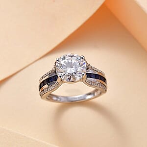 Moissanite and Masoala Sapphire (D) 3.90 ctw Bridge Ring in Platinum Over Sterling Silver (Size 9.0)