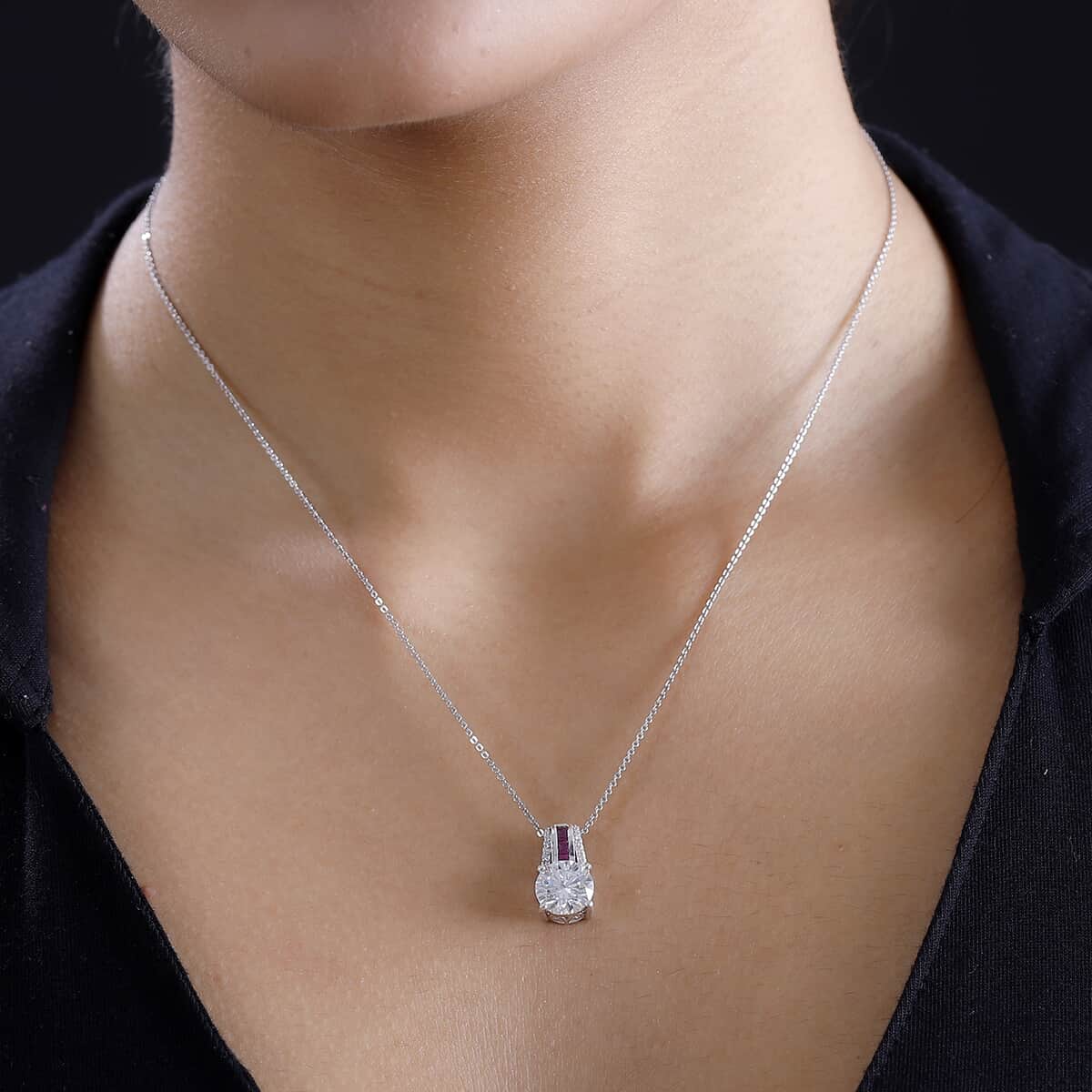 Moissanite and Niassa Ruby (FF) 2.85 ctw Pendant Necklace in Platinum Over Sterling Silver image number 2