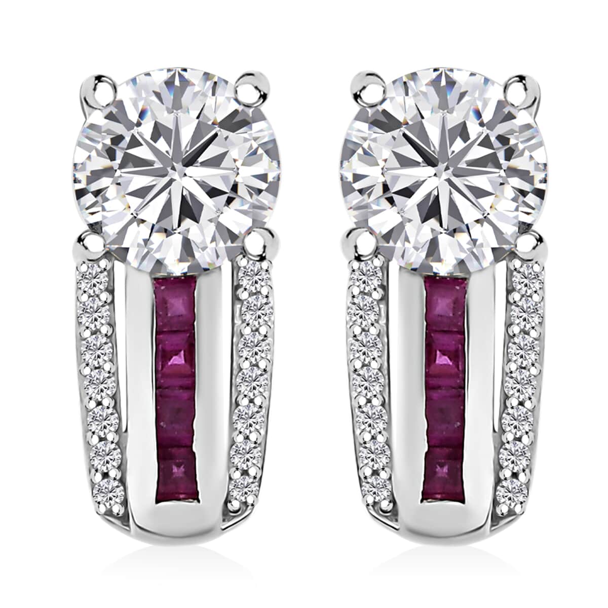 Moissanite and Niassa Ruby (FF) 2.10 ctw Earrings in Platinum Over Sterling Silver image number 0