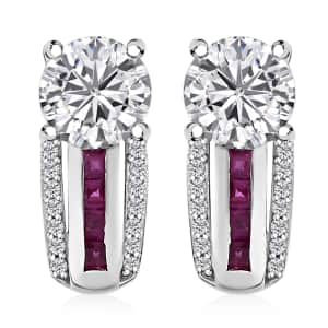 Moissanite and Niassa Ruby (FF) 2.10 ctw Earrings in Platinum Over Sterling Silver