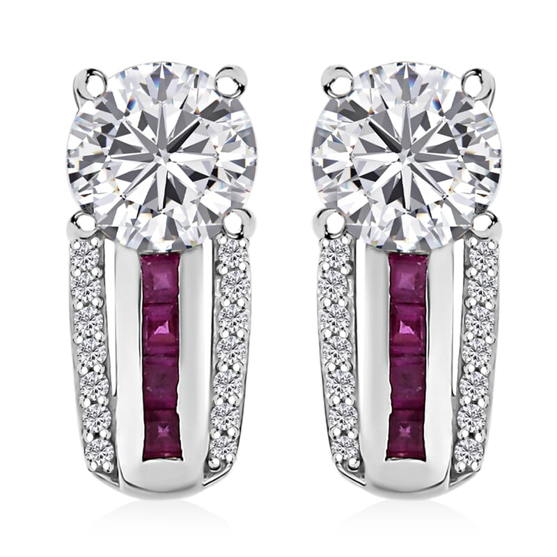 D'Joy Moissanite and Niassa Ruby (FF) 2.10 ctw Earrings in Platinum Over Sterling Silver