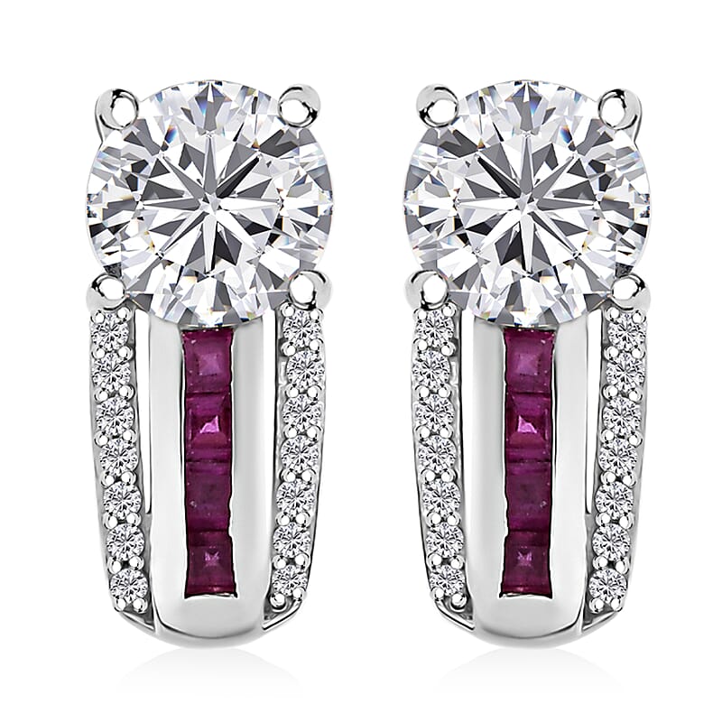 D'Joy Moissanite and Niassa Ruby (FF) 2.10 ctw Earrings in Platinum Over Sterling Silver