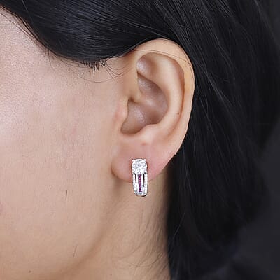 D'Joy Moissanite and Niassa Ruby (FF) 2.10 ctw Earrings in Platinum Over Sterling Silver