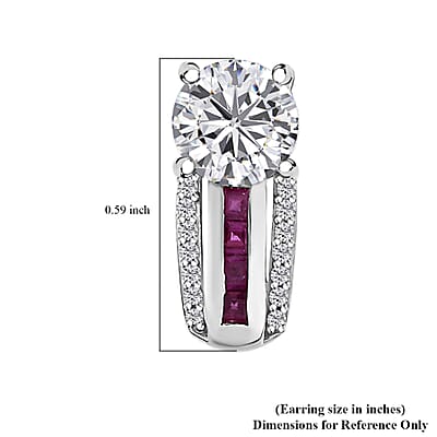 D'Joy Moissanite and Niassa Ruby (FF) 2.10 ctw Earrings in Platinum Over Sterling Silver