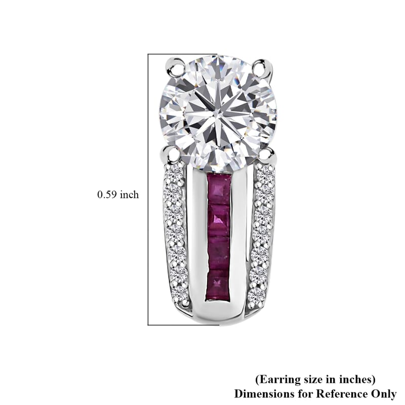 D'Joy Moissanite and Niassa Ruby (FF) 2.10 ctw Earrings in Platinum Over Sterling Silver