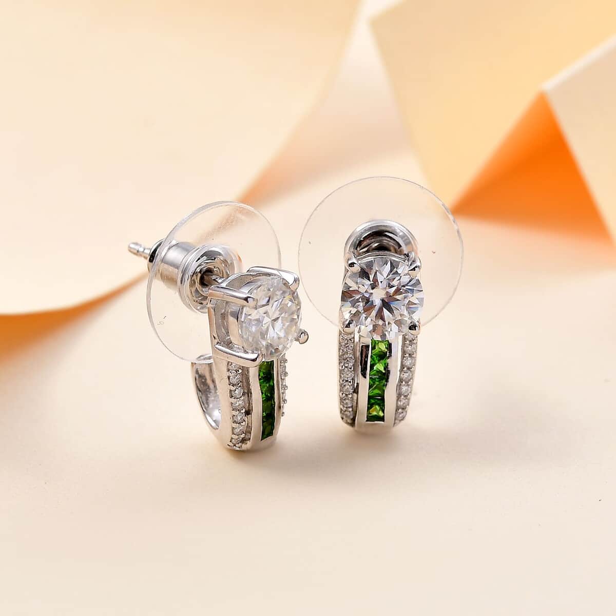 Moissanite and Chrome Diopside 1.90 ctw Earrings in Platinum Over Sterling Silver image number 1