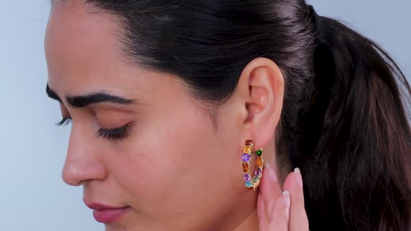 D'Joy Multi Gemstone 10.75 ctw Hoop Earrings in Vermeil Yellow Gold Over Sterling Silver