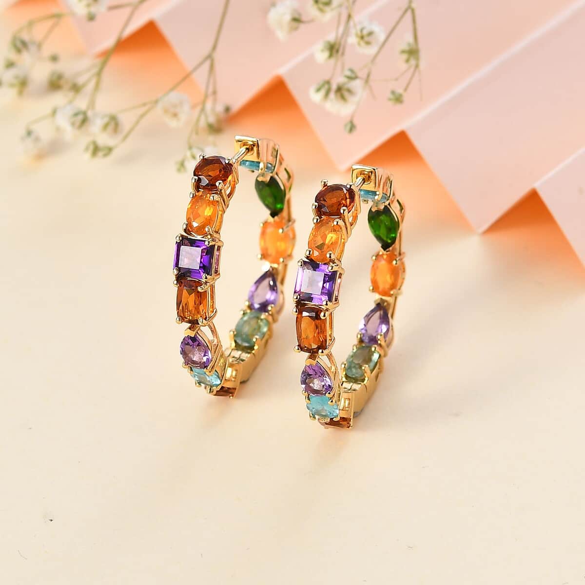 Multi Gemstone 10.75 ctw Hoop Earrings in Vermeil Yellow Gold Over Sterling Silver image number 1