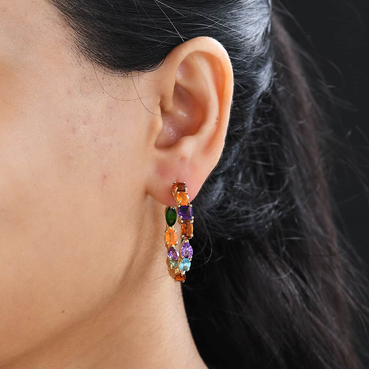 Multi Gemstone 10.75 ctw Hoop Earrings in Vermeil Yellow Gold Over Sterling Silver image number 2