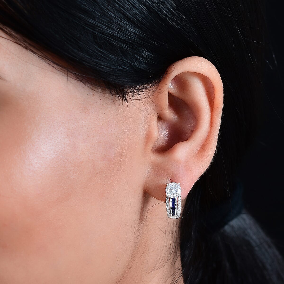 Moissanite and Masoala Sapphire (D) 2.00 ctw Earrings in Platinum Over Sterling Silver image number 2