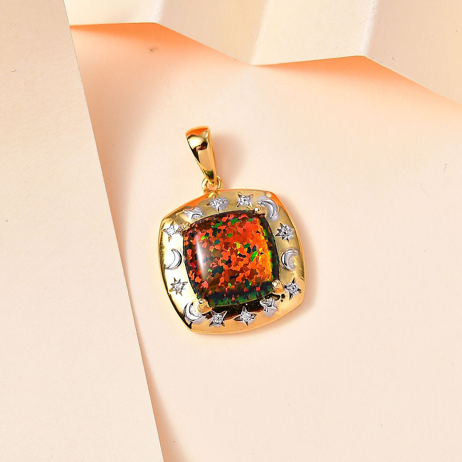 Lab Created Black Opal and White Zircon 2.90 ctw Pendant without Chain in 18K YG and Rhodium Over Sterling Silver