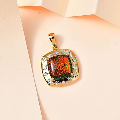 Lab Created Black Opal and White Zircon 2.90 ctw Pendant without Chain in 18K YG and Rhodium Over Sterling Silver