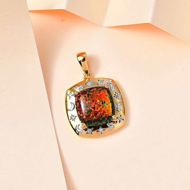 Lab Created Black Opal and White Zircon 2.90 ctw Pendant without Chain in 18K YG and Rhodium Over Sterling Silver