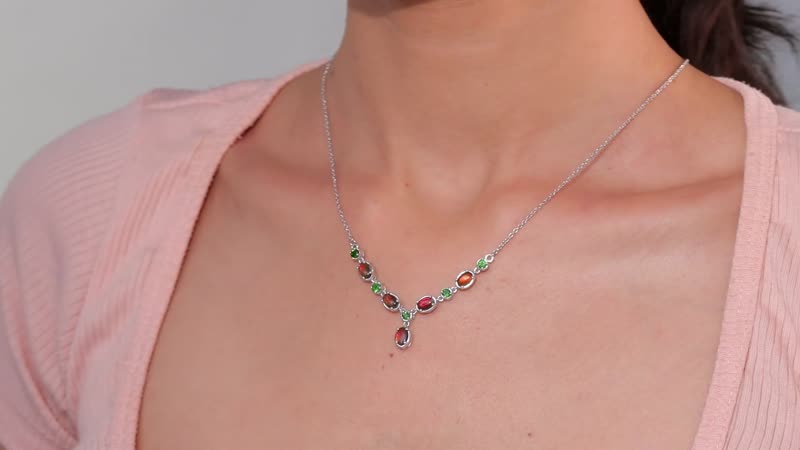 Canadian Ammolite and Chrome Diopside Necklace 18-20 Inches in Platinum Over Sterling Silver 0.60 ctw