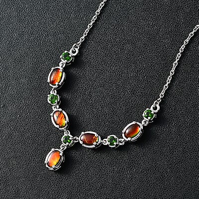 Canadian Ammolite and Chrome Diopside Necklace 18-20 Inches in Platinum Over Sterling Silver 0.60 ctw