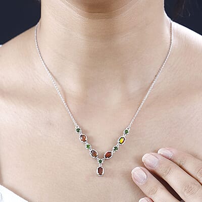 Canadian Ammolite and Chrome Diopside Necklace 18-20 Inches in Platinum Over Sterling Silver 0.60 ctw