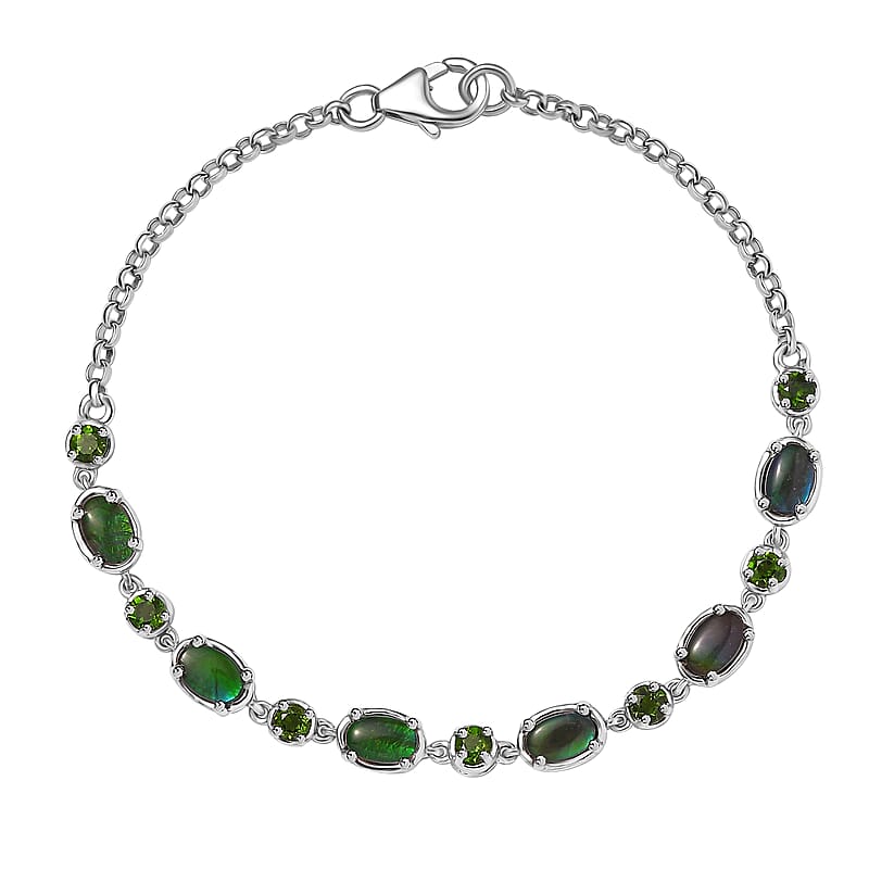 Canadian Ammolite and Chrome Diopside Bracelet in Platinum Over Sterling Silver (7.25 In) 0.90 ctw
