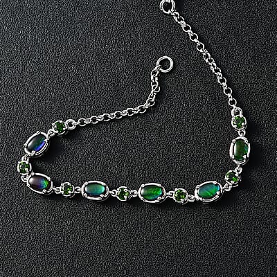 Canadian Ammolite and Chrome Diopside Bracelet in Platinum Over Sterling Silver (7.25 In) 0.90 ctw