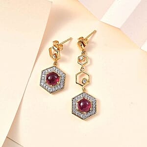 African Ruby and White Zircon 5.17 ctw Earrings in 18K Vermeil Yellow Gold Over Sterling Silver