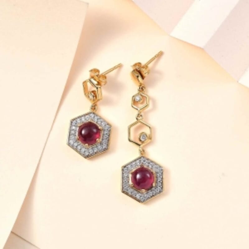 African Ruby and White Zircon 5.17 ctw Earrings in 18K Vermeil Yellow Gold Over Sterling Silver