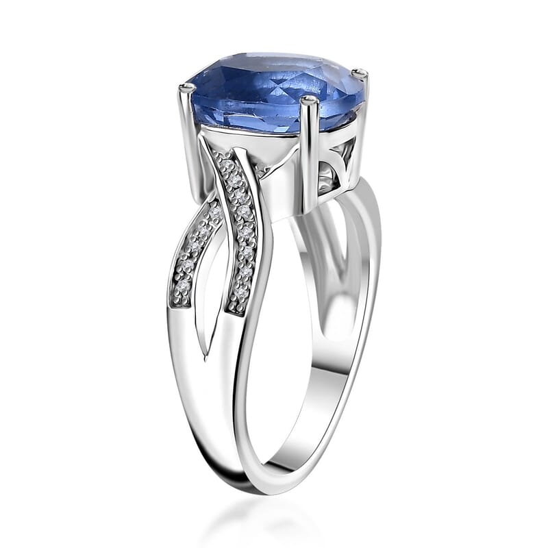 Color Change Fluorite (IR) and White Zircon Ring in Rhodium Over Sterling Silver (Size 5.0) 4.35 ctw