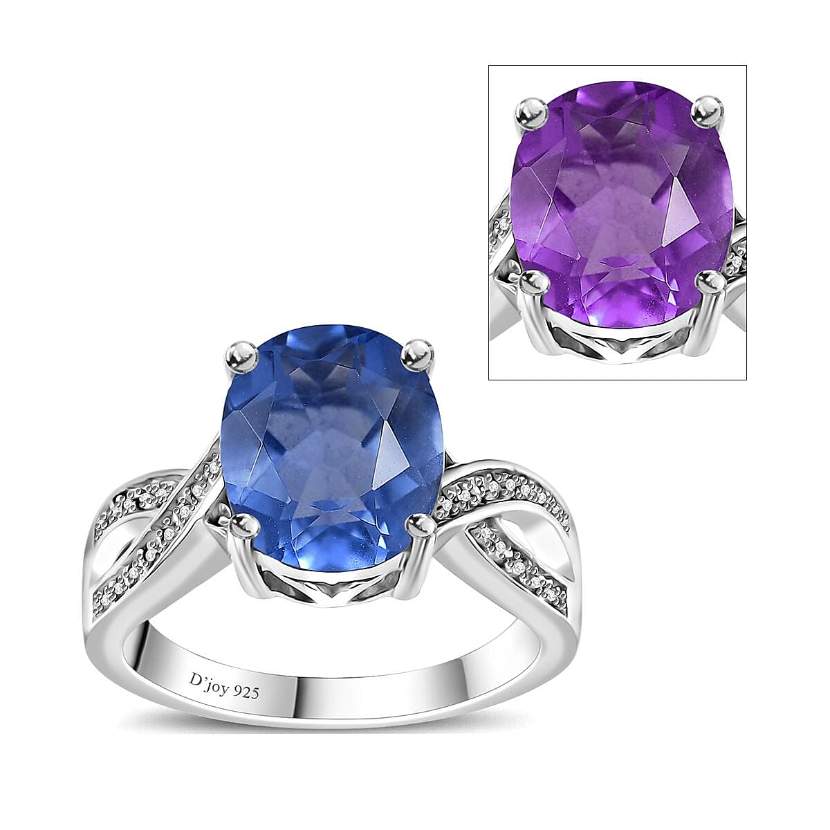 Color Change Fluorite (IR) and White Zircon Ring in Rhodium Over Sterling Silver (Size 7.0) 4.35 ctw image number 0