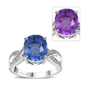 Color Change Fluorite (IR) and White Zircon Ring in Rhodium Over Sterling Silver (Size 7.0) 4.35 ctw