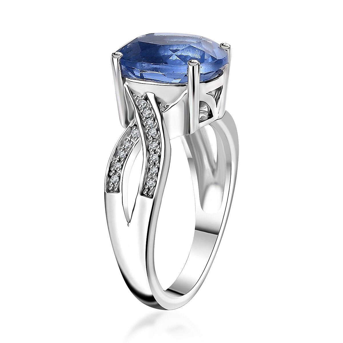 Color Change Fluorite (IR) and White Zircon Ring in Rhodium Over Sterling Silver (Size 7.0) 4.35 ctw image number 3