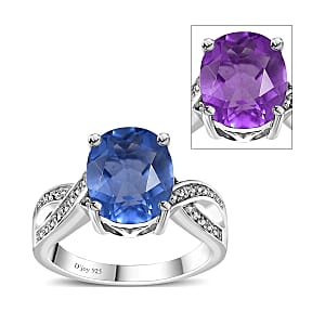Color Change Fluorite (IR) and White Zircon Ring in Rhodium Over Sterling Silver (Size 8.0) 4.35 ctw