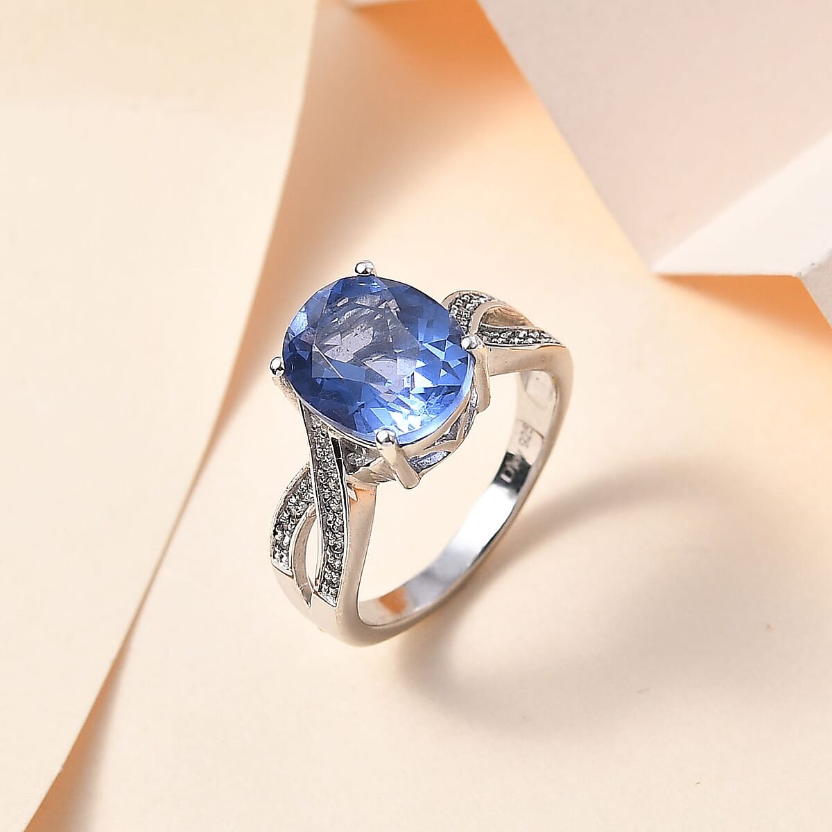 Color Change Fluorite (IR) and White Zircon Ring in Rhodium Over Sterling Silver (Size 8.0) 4.35 ctw image number 1