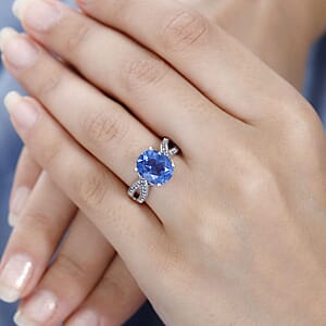 Color Change Fluorite (IR) and White Zircon Ring in Rhodium Over Sterling Silver (Size 8.0) 4.35 ctw