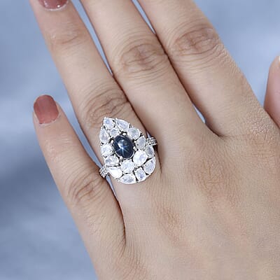 Blue Star Sapphire (DF) and Multi Gemstone Ring in Platinum Over Sterling Silver (Size 10.0) 5.65 ctw