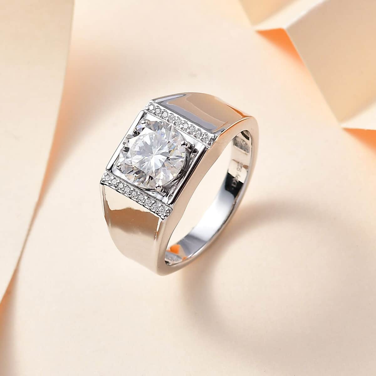 Moissanite (Rnd 9mm) Men's Ring in Platinum Over Sterling Silver (Size 11.0) 2.60 ctw image number 1