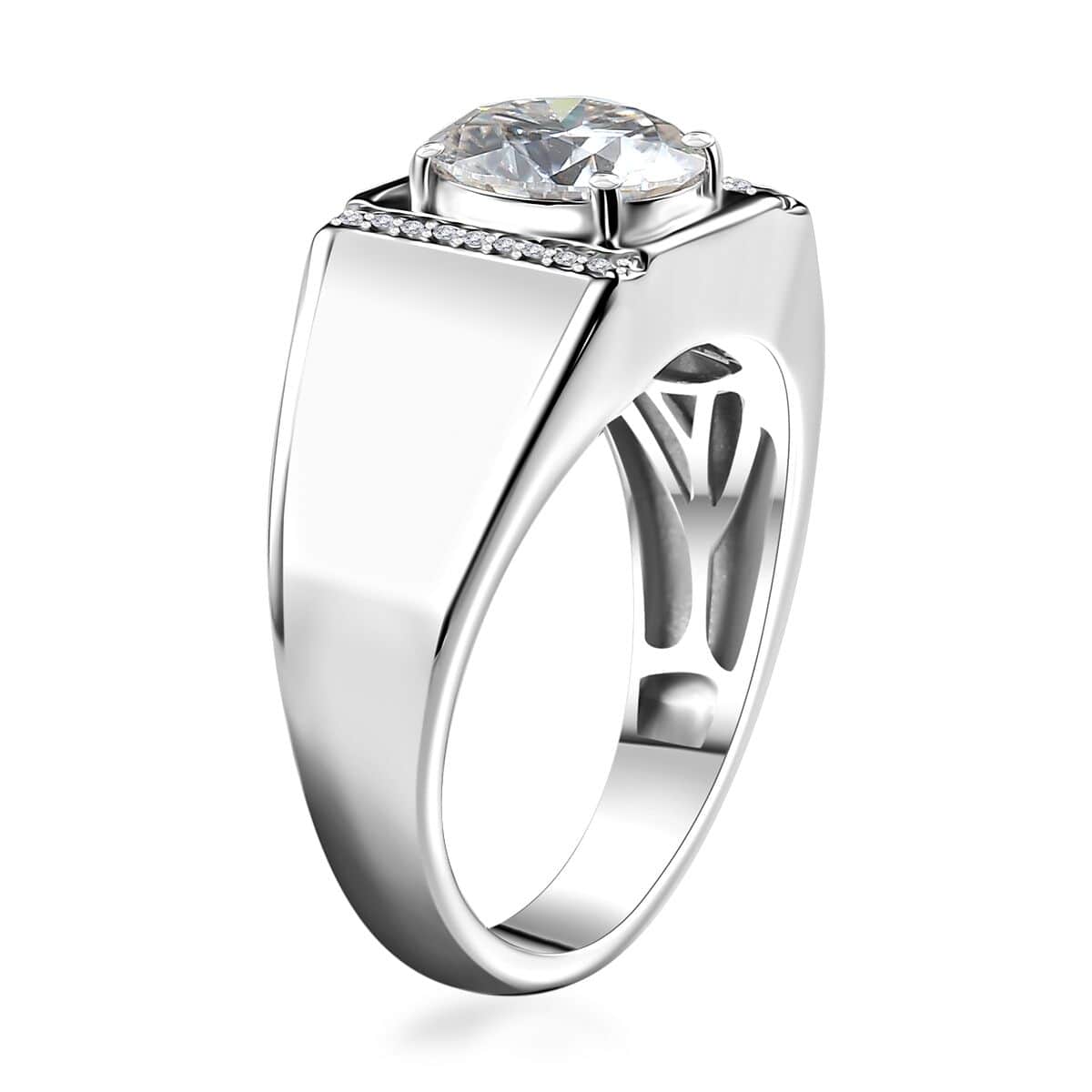 Moissanite (Rnd 9mm) Men's Ring in Platinum Over Sterling Silver (Size 11.0) 2.60 ctw image number 3