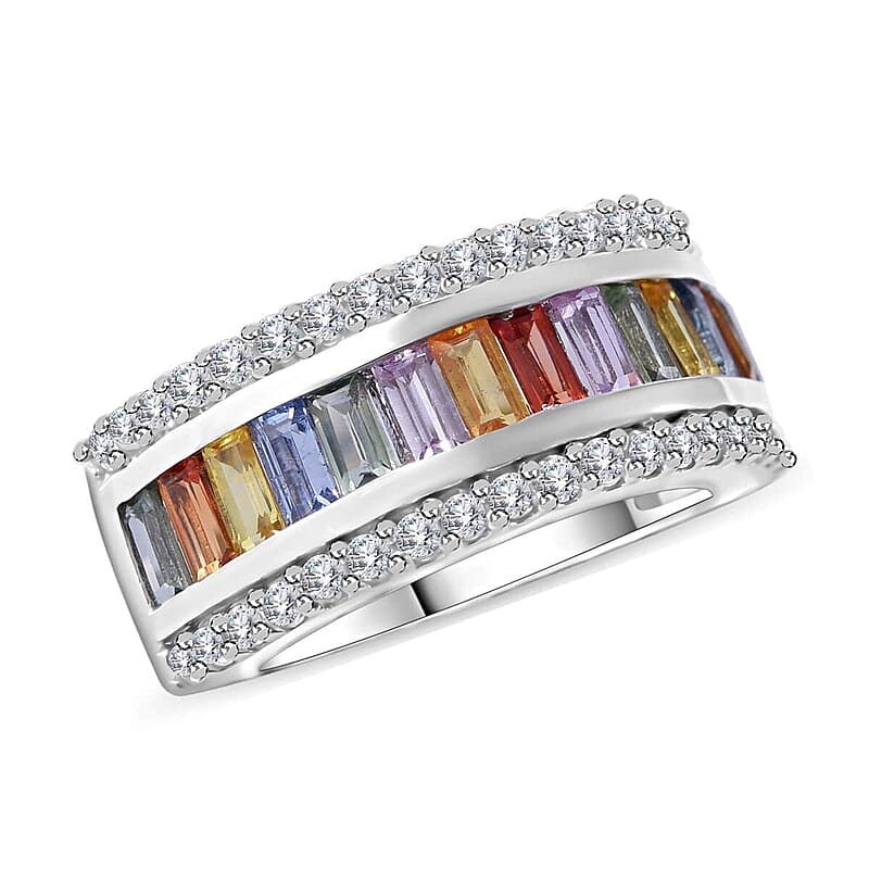 Multi Sapphire and White Zircon 3 Row Ring in Platinum Over Sterling Silver (Size 10.0) 3.15 ctw