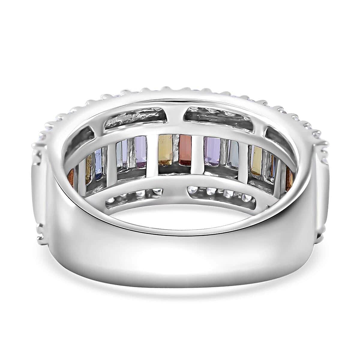 Multi Sapphire and White Zircon 3 Row Ring in Platinum Over Sterling Silver (Size 10.0) 3.15 ctw